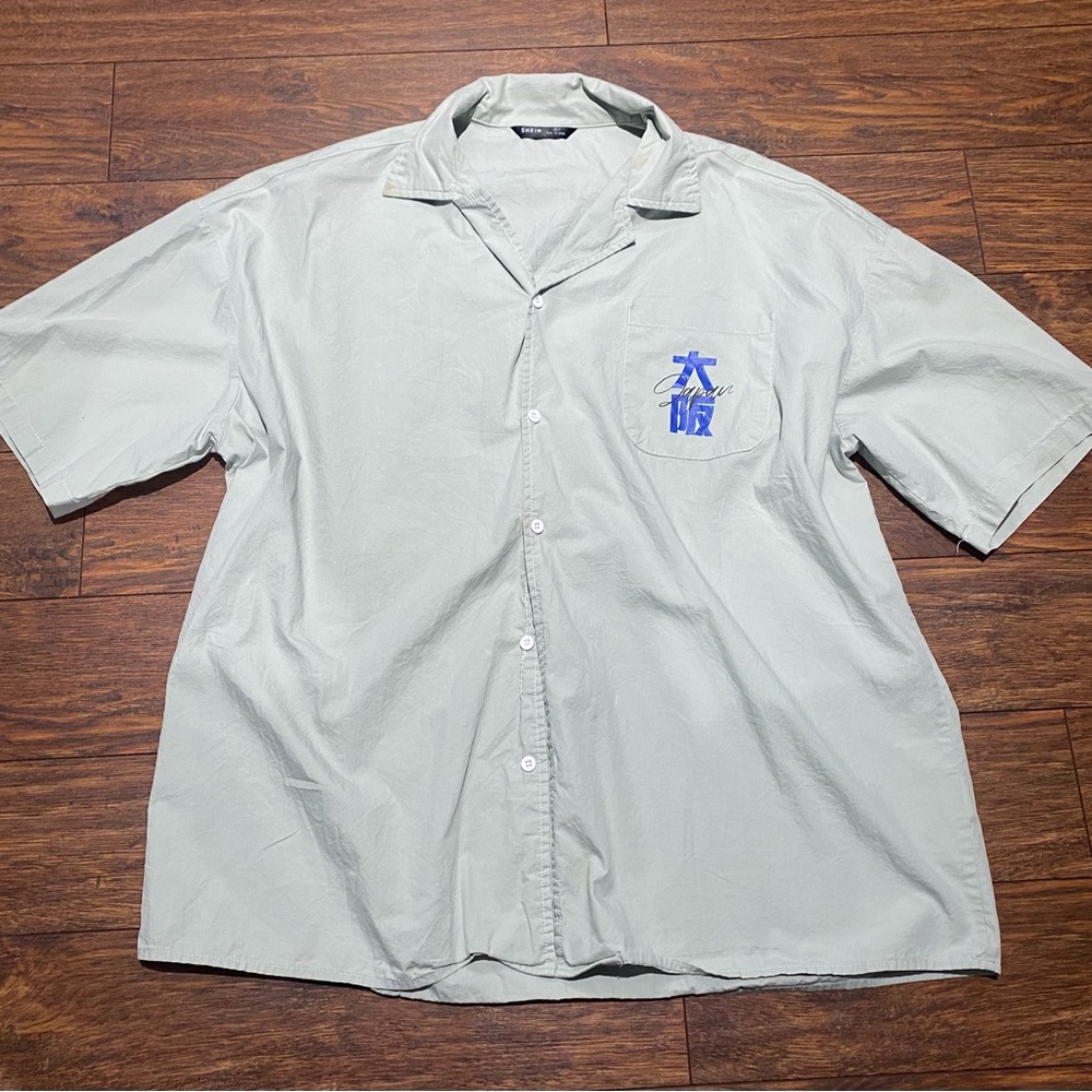 Light Gray Men's Shirt with Blue Embroidery